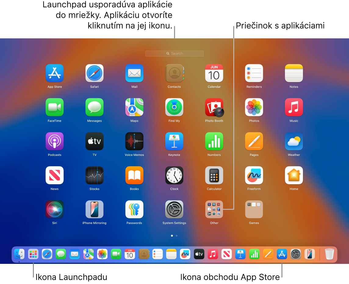 Obrazovka Macu s otvoreným Launchpadom, v ktorom je znázornený priečinok s aplikáciami v Launchpade, a ikony Launchpadu a App Storu v Docku.