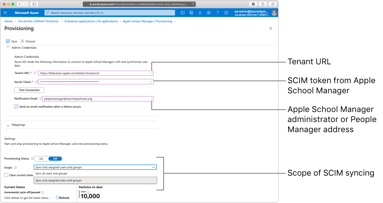 Okno usługi Microsoft Azure AD przedstawiające dwie opcje  zakresu obsługi administracyjnej.