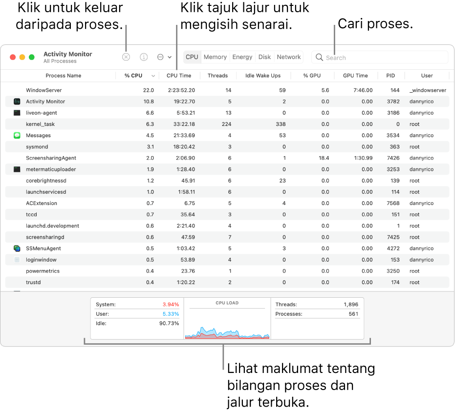 Tetingkap Monitor Aktiviti menunjukkan aktiviti CPU. Untuk keluar daripada proses, klik butang Keluar Paksa di bahagian kiri atas. Untuk isih data mengikut lajur, klik tajuk lajur. Untuk mencari proses, masukkan namanya dalam medan carian. Di bahagian bawah tetingkap, lihat maklumat tentang bilangan proses dan jaluran terbuka.