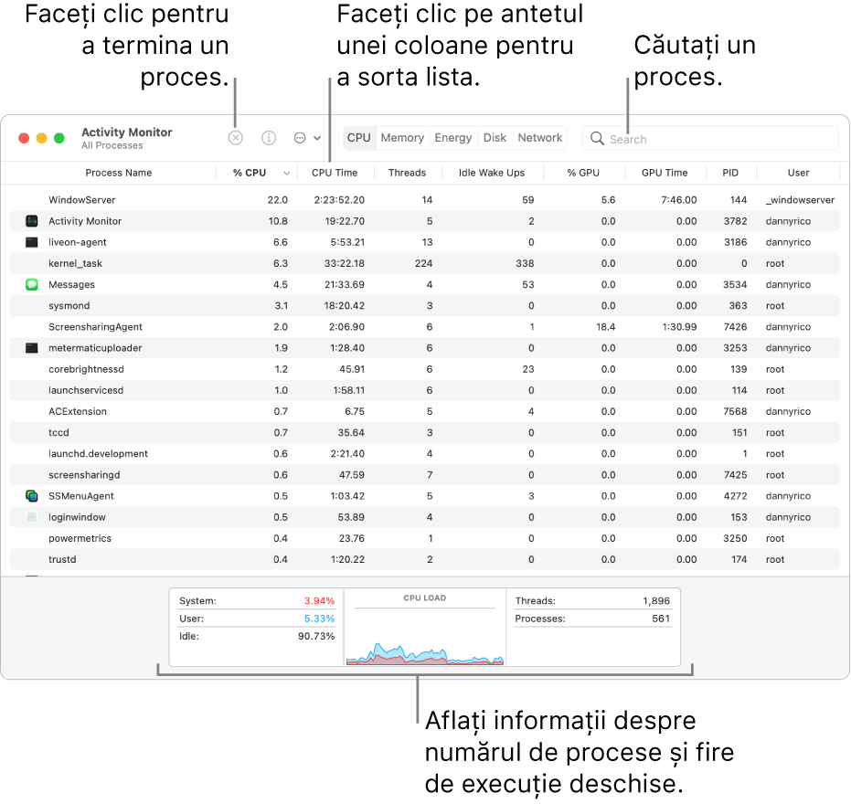 Fereastra Monitor activitate indicând activitatea procesorului. Pentru a închide un proces, faceți clic pe butonul Închide forțat, în colțul stânga sus. Pentru a sorta datele după coloană, faceți clic pe antetul de coloană. Pentru a căuta un proces, introduceți numele în câmpul de căutare. În partea de jos a ferestrei, consultați informațiile despre numărul de procese și fire deschise.