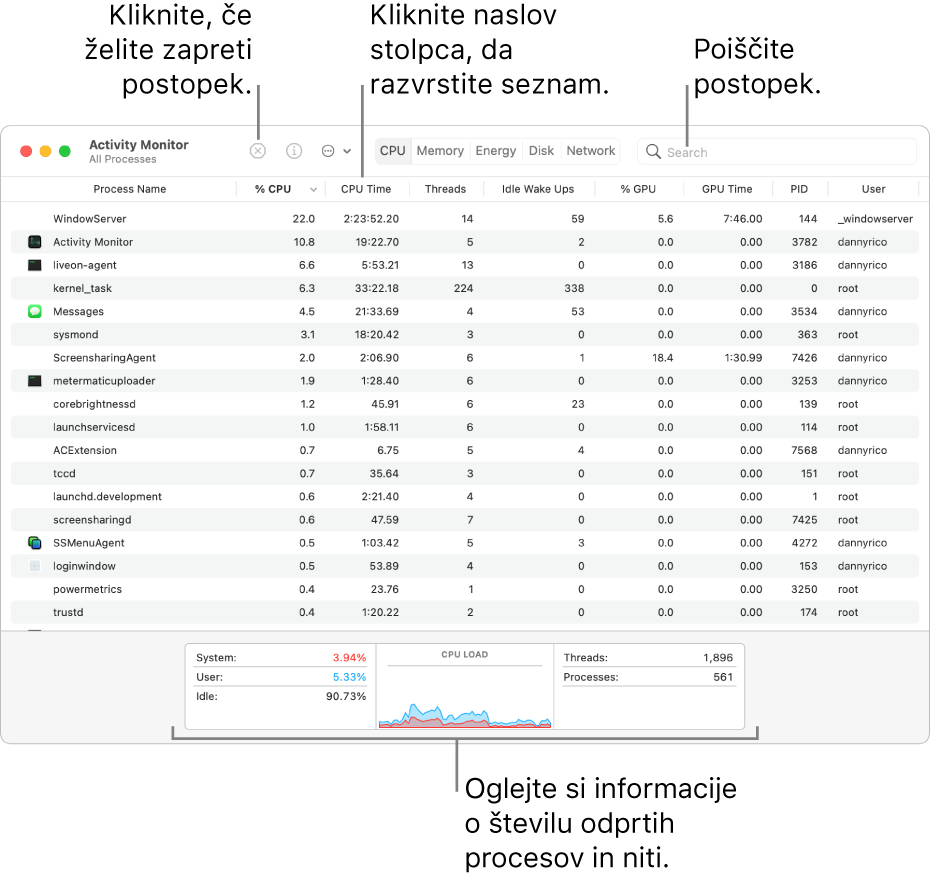 Okno Aktivnosti sistema prikazuje aktivnost CPE. Če želite končati proces, zgoraj levo kliknite gumb Prisilno zapri. Če želite razvrstiti podatke v stolpcu, kliknite glavo stolpca. Če želite poiskati proces, v iskalno polje vnesite njegovo ime. Na dnu okna so informacije o številu odprtih procesov in niti.