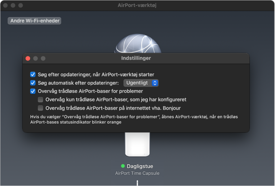 Indstillingerne til AirPort-værktøj viser afkrydsningsfelterne “Søg efter opdateringer, når AirPort-værktøj starter”, “Søg automatisk efter opdateringer” og “Overvåg trådløse AirPort-baser for problemer”.