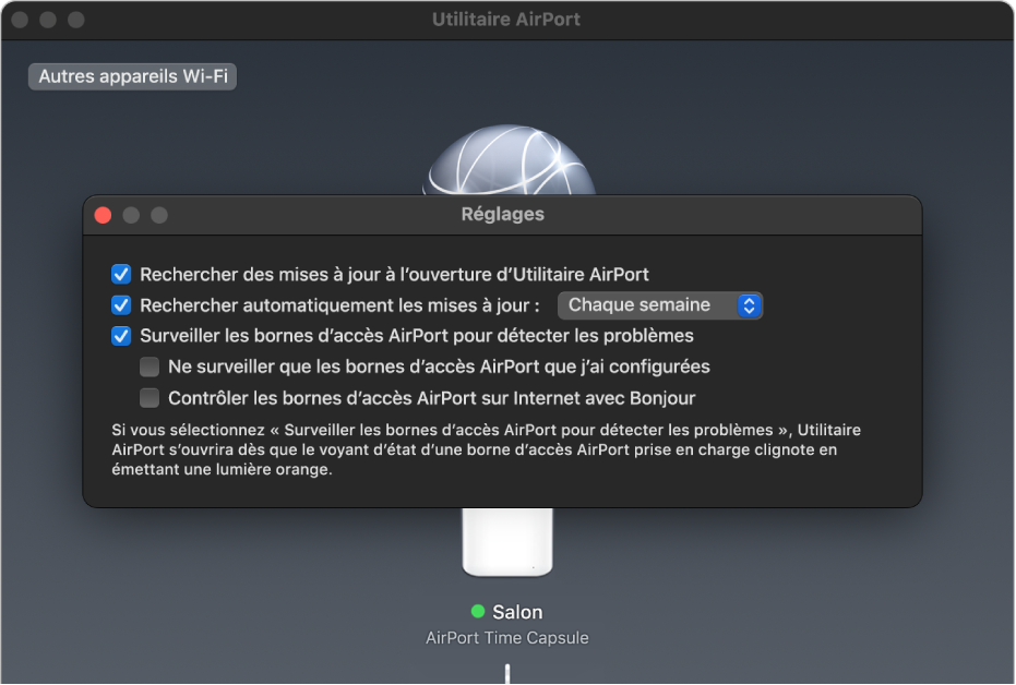 Réglages Utilitaire AirPort affichant les cases « Rechercher des mises à jour à l’ouverture d’Utilitaire AirPort », « Rechercher automatiquement les mises à jour » et « Surveiller les bornes d’accès AirPort pour détecter les problèmes ».
