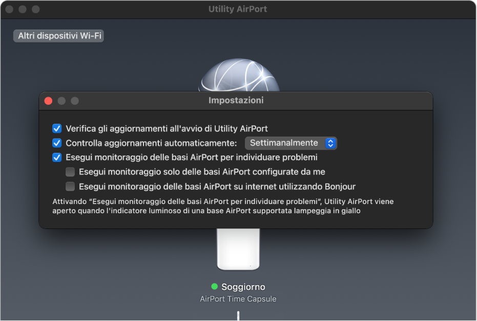 Le impostazioni di AirPort Utility, con i riquadri delle opzioni “Verifica gli aggiornamenti all’avvio di Utility AirPort”, “Controlla aggiornamenti automaticamente” ed “Esegui monitoraggio delle basi AirPort per individuare problemi”.