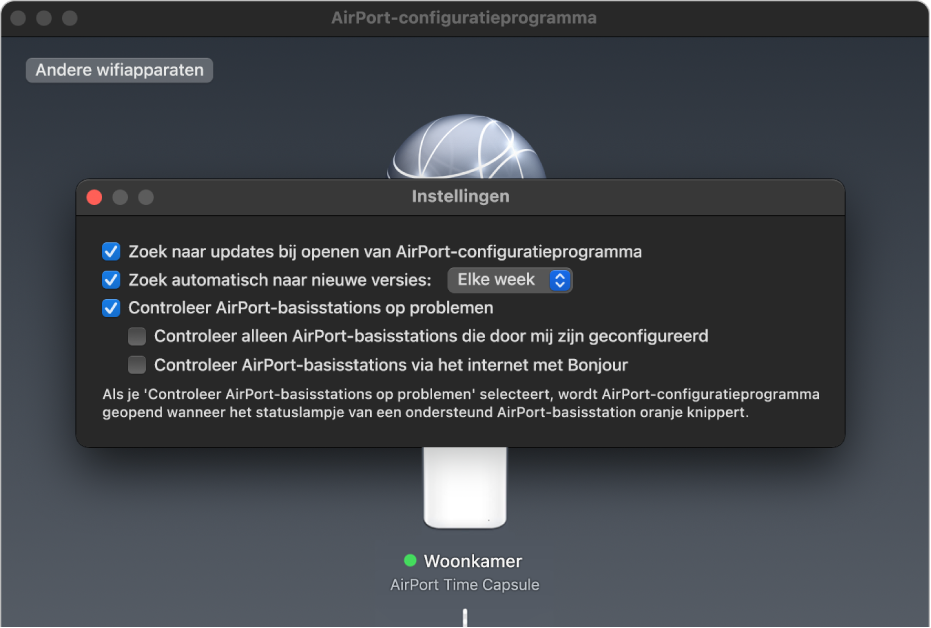 Instellingenvenster van AirPort-configuratieprogramma met de aankruisvakken 'Zoek naar updates bij openen van AirPort-configuratieprogramma', 'Zoek automatisch naar nieuwe versies' en 'Controleer AirPort-basisstations op problemen'.