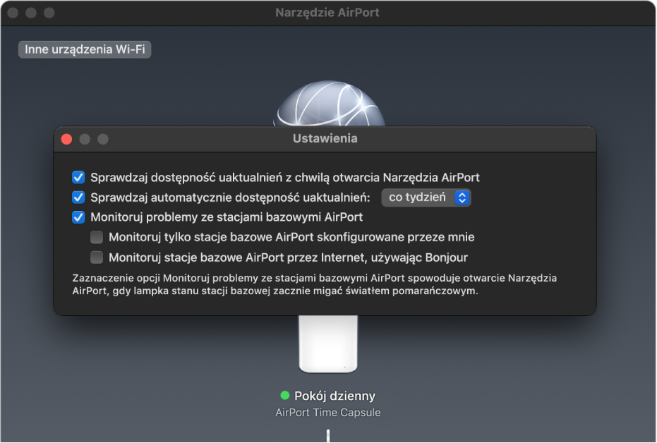 Ustawienia Narzędzia AirPort z widocznymi polami wyboru Sprawdzaj dostępność uaktualnień z chwilą otwarcia Narzędzia AirPort, Sprawdzaj automatycznie dostępność uaktualnień oraz Monitoruj problemy ze stacjami bazowymi AirPort.
