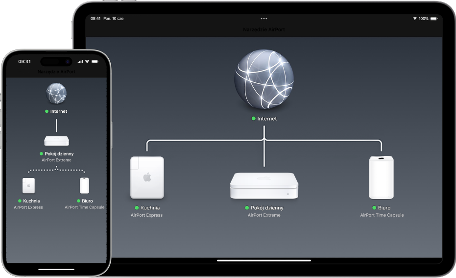 Schemat graficzny sieci widoczny w Narzędziu AirPort na iPhone’a i iPada.