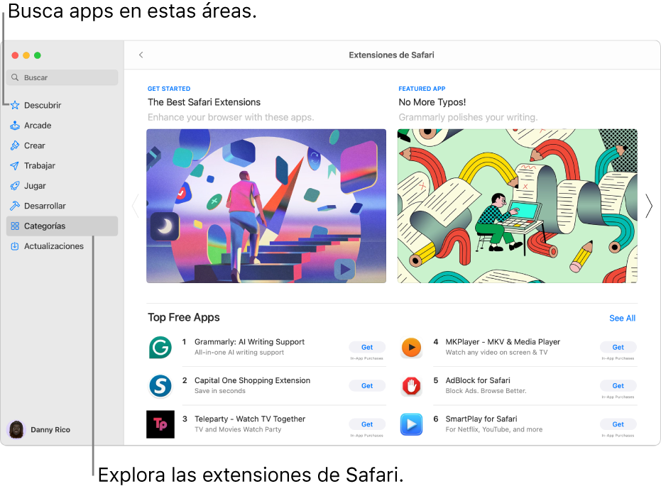 La página de extensiones de Safari de Mac App Store. La barra lateral de la izquierda incluye enlaces a otras páginas: Descubrir, Arcade, Crear, Trabajar, Jugar, Desarrollar, Categorías y Actualizaciones. En la parte derecha están las extensiones de Safari disponibles.