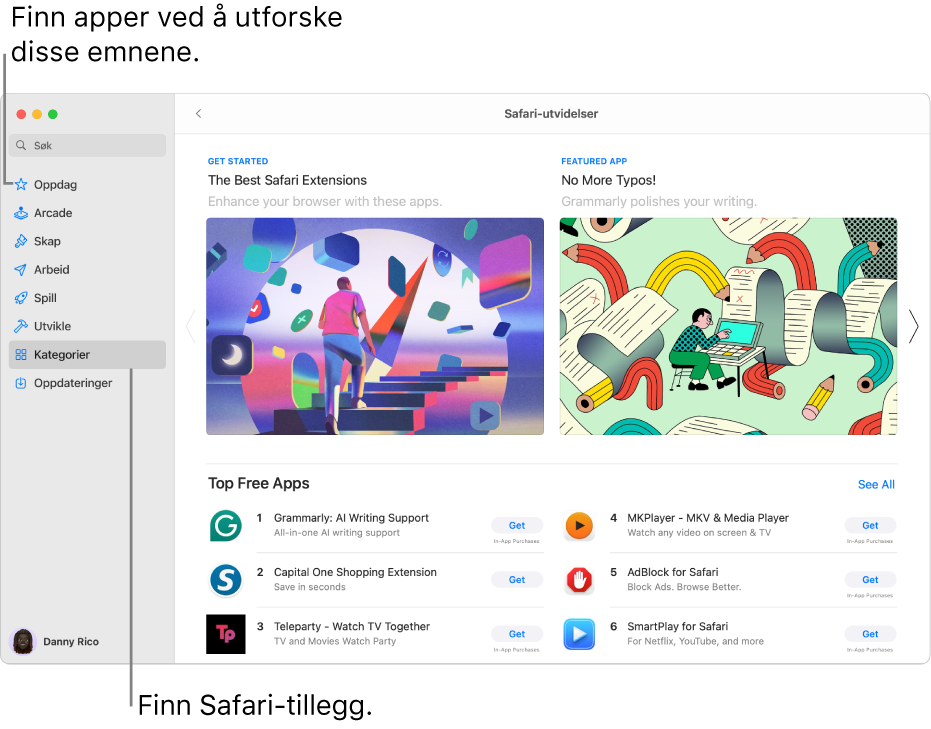 Siden for Safari-utvidelser i Mac App Store. Sidepanelet til venstre inneholder lenker til andre sider: Oppdag, Arcade, Skap, Arbeid, Spill, Utvikle, Kategorier og Oppdateringer. Til høyre er tilgjengelige Safari-utvidelser.