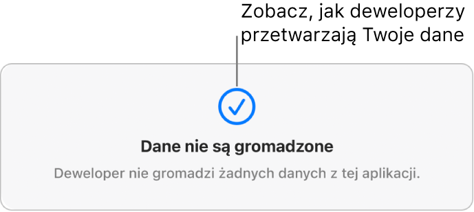 Część główna strony Mac App Store, na której pokazane są zasady prywatności dewelopera zaznaczonej aplikacji.