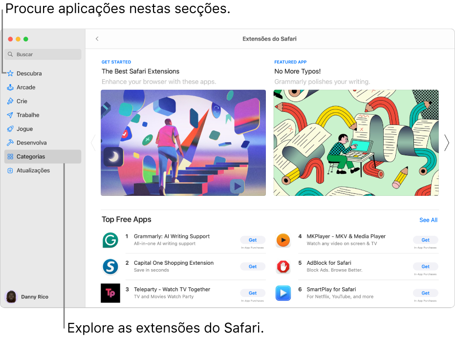 A página Extensões do Safari na Mac App Store. A barra lateral à esquerda inclui links para outras páginas: Descubra, Arcade, Crie, Trabalhe, Jogue, Desenvolva, Categorias e Atualizações. À direita, as extensões disponíveis do Safari.