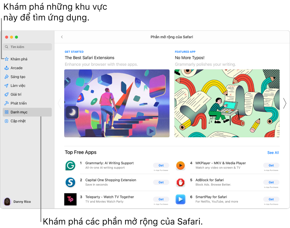 Trang Phần mở rộng của Safari trên Mac App Store. Thanh bên ở bên trái bao gồm các liên kết đến các trang khác: Khám phá, Arcade, Sáng tạo, Làm việc, Giải trí, Phát triển, Danh mục và Cập nhật. Ở bên phải là các phần mở rộng có sẵn trong Safari.