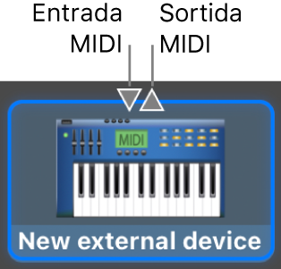 Els connectors “Entrada MIDI” i “Sortida MIDI” a la part superior de la icona d’un dispositiu extern nou.