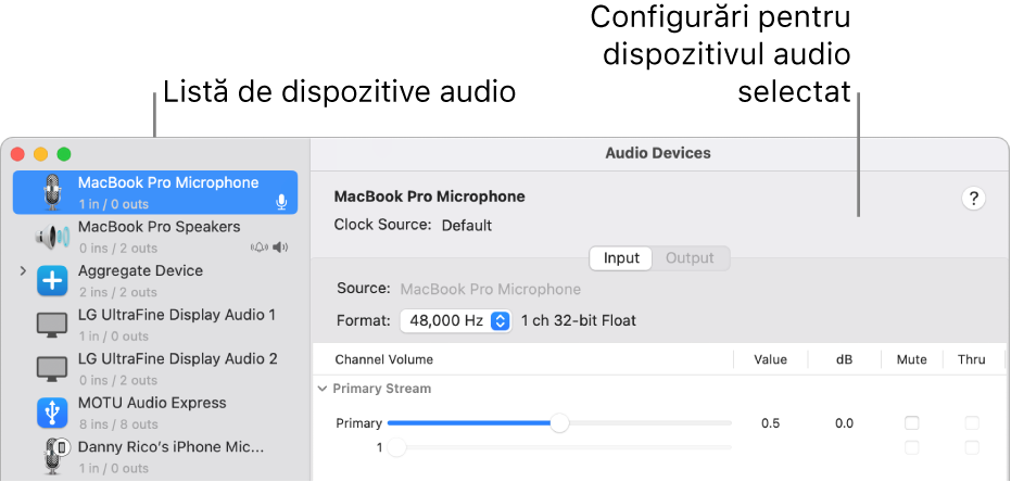 Fereastra Dispozitive audio.