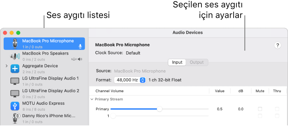 Ses Aygıtları penceresi.