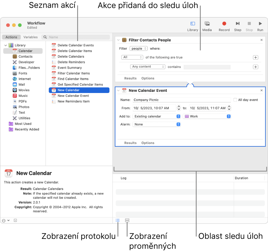 Okno Automatoru Vlevo je zobrazena Knihovna obsahující seznam aplikací, pro něž jsou v Automatoru dostupné akce. V seznamu je vybrána aplikace Kalendář a v pravém sloupci jsou uvedeny akce, které jsou pro ni dostupné. Na pravé straně okna je sled úloh obsahující akci pro aplikaci Kalendář.