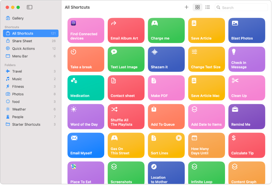 The Shortcuts window with shortcuts listed.