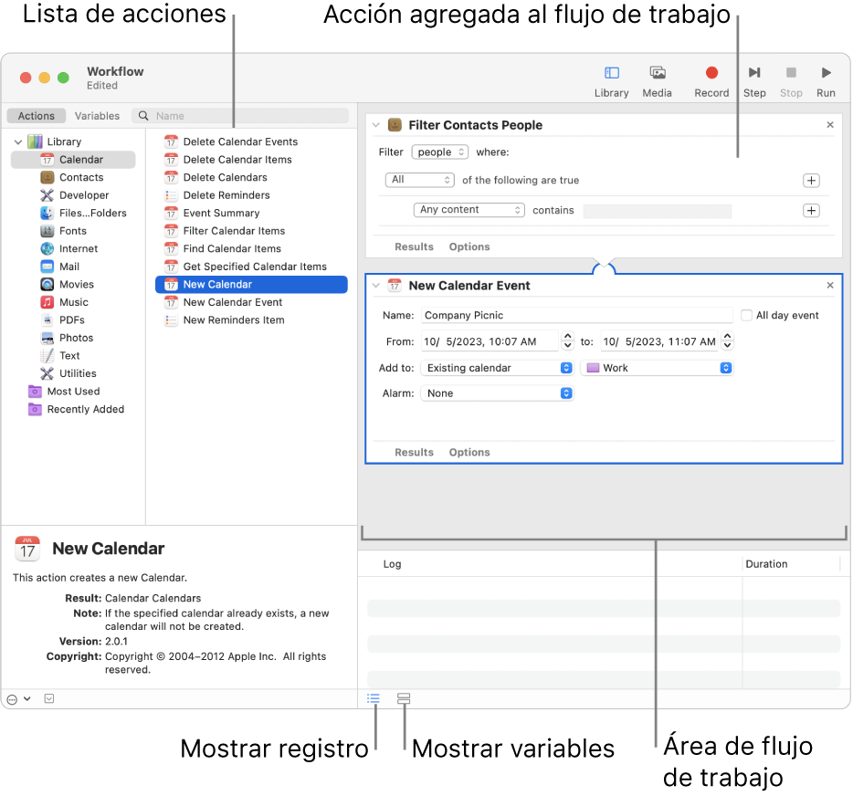 La ventana de Automator. La biblioteca aparece en el extremo izquierdo y contiene una lista de las apps para las que Automator proporciona acciones. La app Calendario está seleccionada en la lista, y las acciones disponibles para ella están en una columna a la derecha. En el lado derecho de la ventana hay un flujo de trabajo que tiene una acción de Calendario agregada.