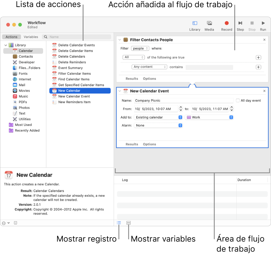 La ventana de Automator. En el extremo izquierdo se muestra la Biblioteca, que contiene una lista de apps para las que Automator proporciona acciones. La app Calendario está seleccionada en la lista, y las acciones disponibles en Calendario se enumeran en la columna de la derecha. En la parte derecha de la ventana se muestra un flujo de trabajo al que se ha añadido una acción de Calendario.