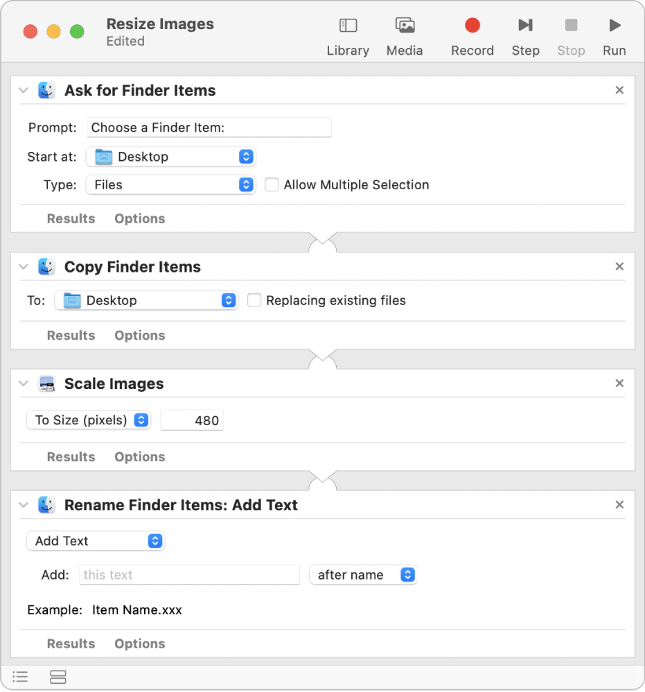 Flujo de trabajo de Automator con cuatro acciones.