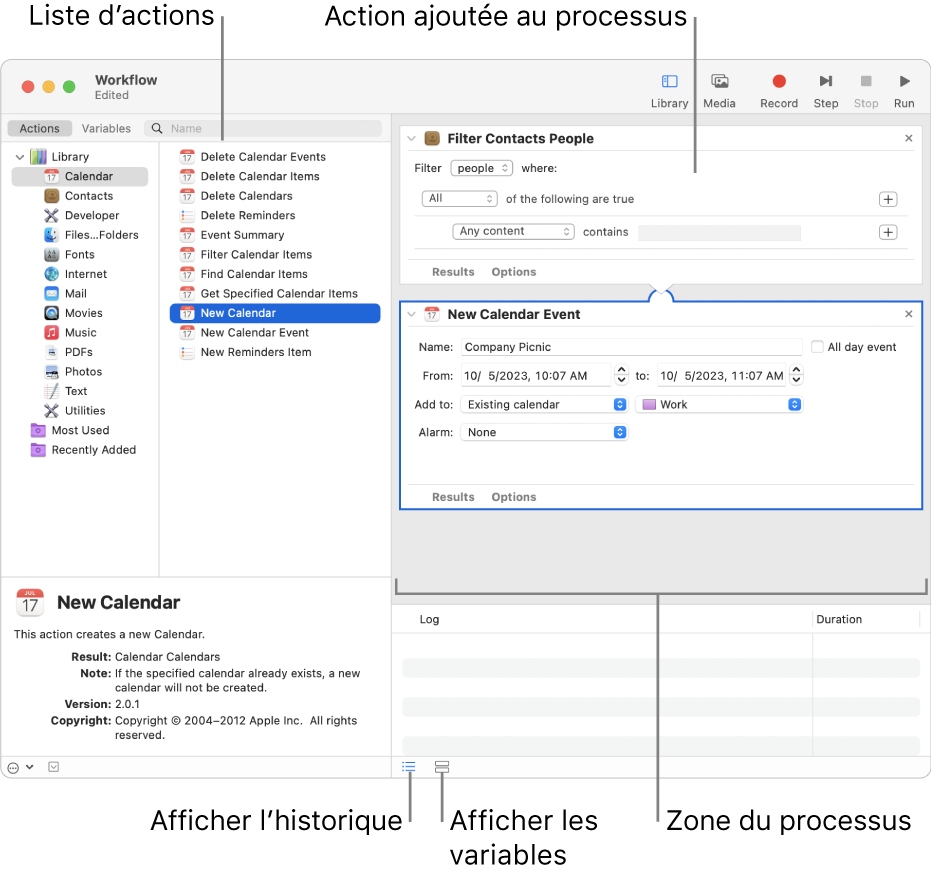 La fenêtre Automator. La bibliothèque s’affiche à l’extrême gauche et contient la liste des apps pour lesquelles Automator propose des actions. L’app Calendrier est sélectionnée dans la liste et les actions disponibles dans Calendrier sont répertoriées dans la colonne de droite. Sur le côté droit de la fenêtre se trouve un processus auquel une action Calendrier a été ajoutée.