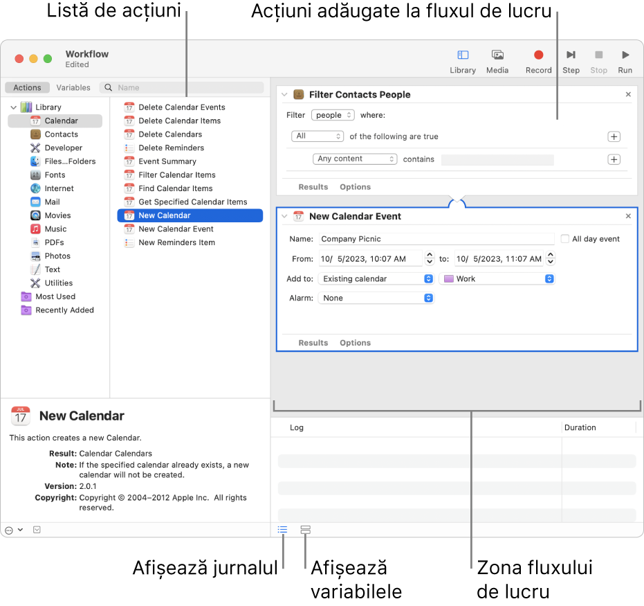 Fereastra Automator. Biblioteca apare în capătul din stânga și conține o listă de aplicații pentru care Automator furnizează acțiuni. Aplicația Calendar este selectată în listă, iar acțiunile disponibile în Calendar sunt prezentate în coloana din dreapta. În partea dreaptă a ferestrei este un flux de lucru la care este adăugată o acțiune Calendar.
