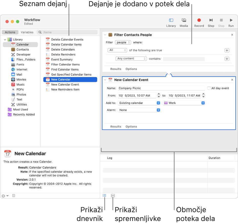 Okno aplikacije Automator. Skrajno levo je Knjižnica, ki vsebuje seznam aplikacij, za katere aplikacija Automator omogoča dejanja. Na seznamu je izbrana aplikacija Koledar, dejanja, ki so na voljo v Koledarju, pa so navedena v stolpcu na desni. Na desni strani okna je potek dela, v katerega je dodano dejanje Koledarja.
