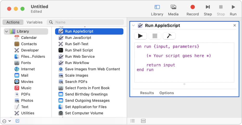 Okno aplikacije Automator z dejanjem Izvedi AppleScript.