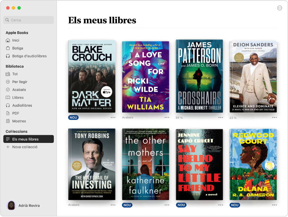 Una finestra de l’app Llibres que mostra la col·lecció “Els meus llibres” seleccionada a la barra lateral i els títols d’aquesta col·lecció a la dreta.