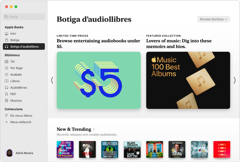 Una finestra de l’app Llibres que mostra la botiga d’audiollibres seleccionada a la barra lateral, amb les categories dels títols a la dreta, com ara “Novetats i tendències” i ofertes especials.