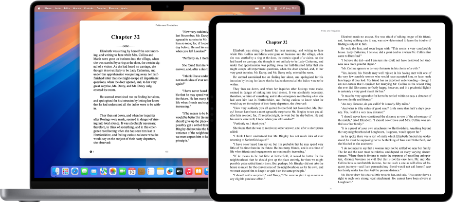 Un llibre que mostra la mateixa pàgina a l’app Llibres en un iPad i un Mac.