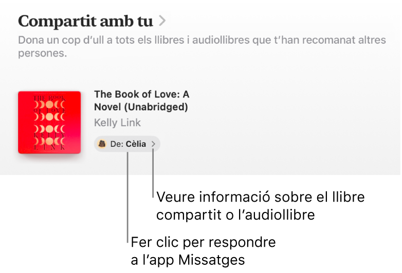 Una pantalla on es pot veure un llibre a la secció “Compartit amb tu”.