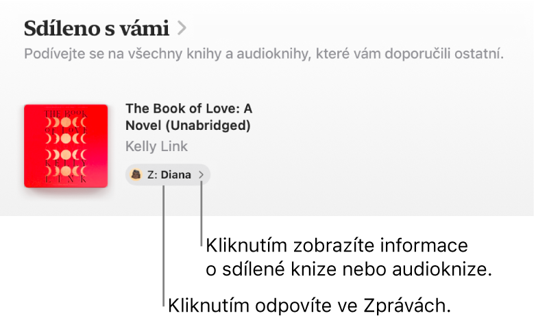 Obrazovka s knihou v části Sdíleno s vámi