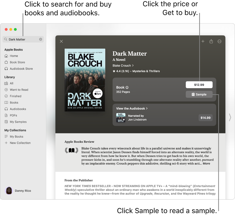 A window with a book title in the search field on the left. On the right, the book’s page is displayed with options to buy the book or audiobook, or read a sample. The window also shows reviews and a note from the publisher.