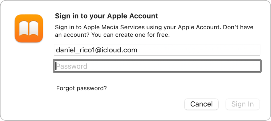 The “Sign in to your Apple Account” dialogue in Books.