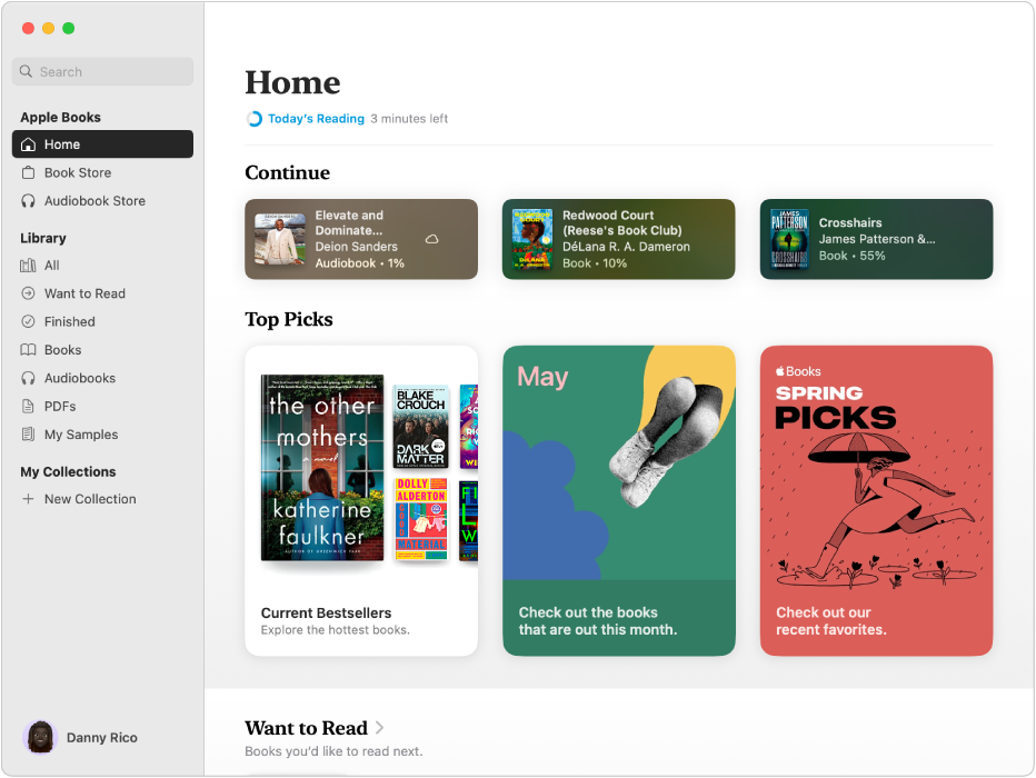 A Books app window, showing the Home tab selected in the sidebar, and the Continue and Top Picks sections on the right.