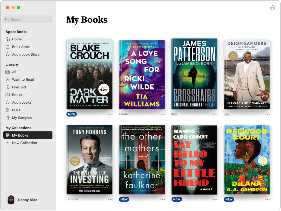 A Books app window showing the My Books collection selected in the sidebar and the titles from that collection displayed on the right.