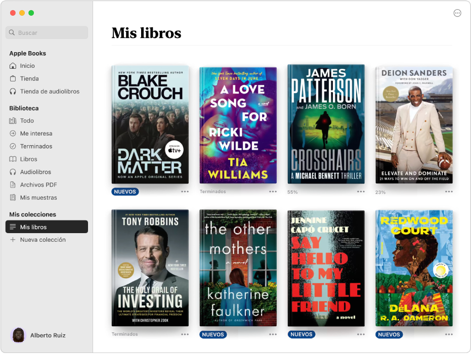 Una ventana de la app Libros mostrando la colección Mis libros seleccionada en la barra lateral, y los títulos en esa colección en el lado derecho.