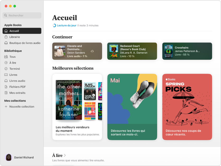 L’onglet Accueil qui affiche les livres et des livres audio en cours de lecture ainsi que des titres dans la section Meilleures sélections et un lien vers la collection À lire.