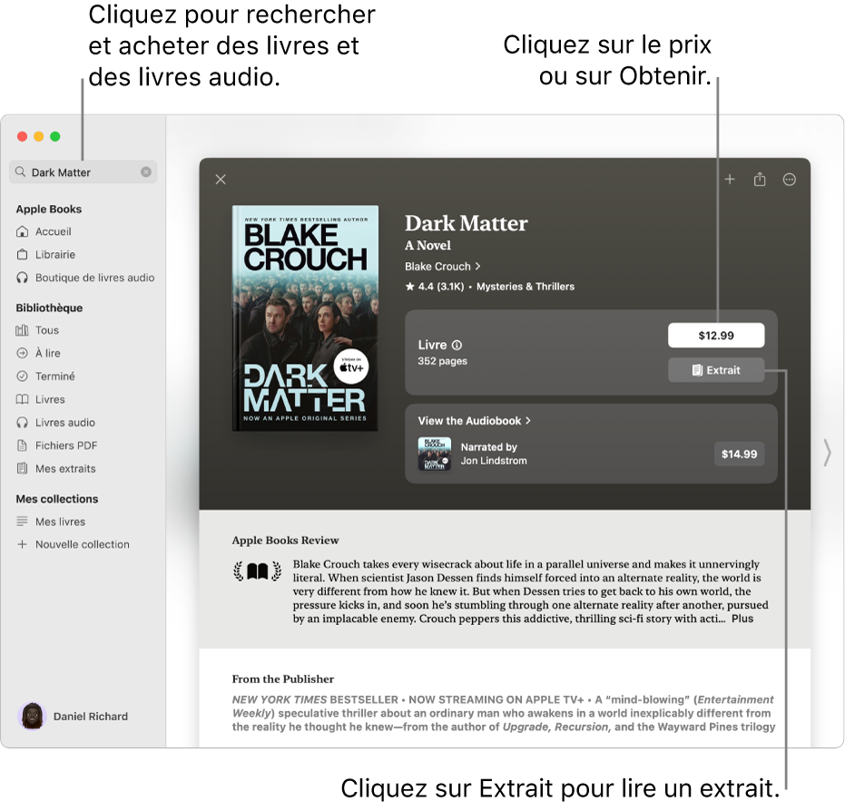 Une fenêtre affichant le titre d’un livre dans le champ de recherche, à gauche. À droite, la page du livre propose d’acheter le livre ou livre audio, ou d’en lire un extrait. La fenêtre affiche également des avis et une note de l’éditeur.