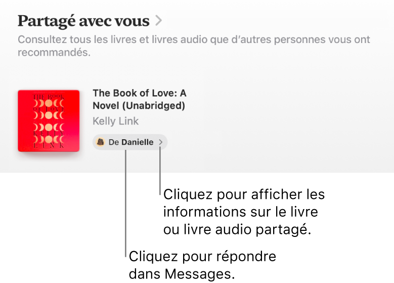 Un écran montrant un livre dans la section Partagé avec vous.