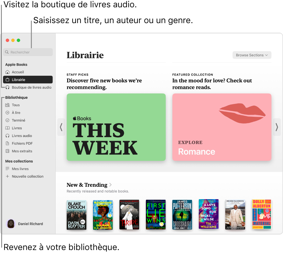 La fenêtre principale de la Librairie. La barre latérale se trouve sur la gauche. Le champ de recherche, que vous pouvez utiliser pour chercher des livres et des livres audio, se trouve dans la partie supérieure de la barre latérale.