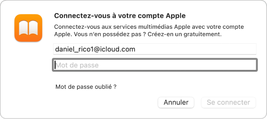 La zone de dialogue « Connectez-vous à votre compte Apple » dans Livres.