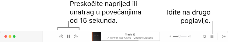 Uređaj za reprodukciju audio knjiga na usluzi Apple Books prikazuje, slijeva nadesno, tipku Brzina reprodukcije, tipke Preskoči unaprijed, Pauziraj i Preskoči unatrag, naslov i autora audio knjige koja se trenutačno reproducira, kliznik Glasnoća, tipku AirPlay, tipku Kazalo sadržaja i tipku Više.