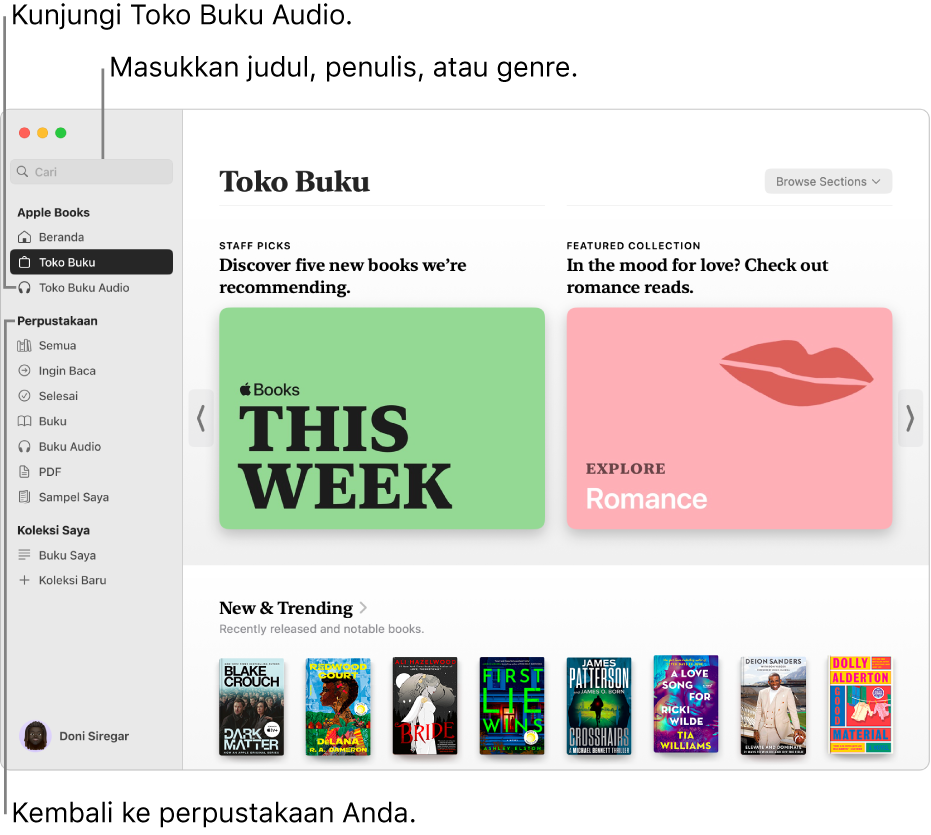 Jendela utama Toko Buku. Di sebelah kiri terdapat bar samping. Bidang pencarian, yang dapat Anda gunakan untuk mencari buku dan buku audio, berada di bagian atas bar samping.