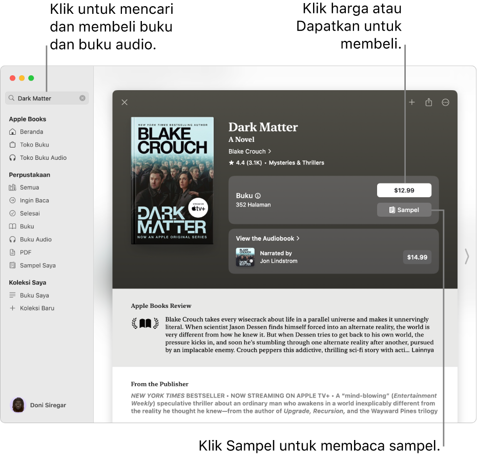 Jendela dengan judul buku di bidang pencarian di sebelah kiri. Di sebelah kanan, halaman buku ditampilkan dengan pilihan untuk membeli buku atau buku audio atau untuk membaca sampel. Jendela juga menampilkan ulasan dan catatan dari penerbit.