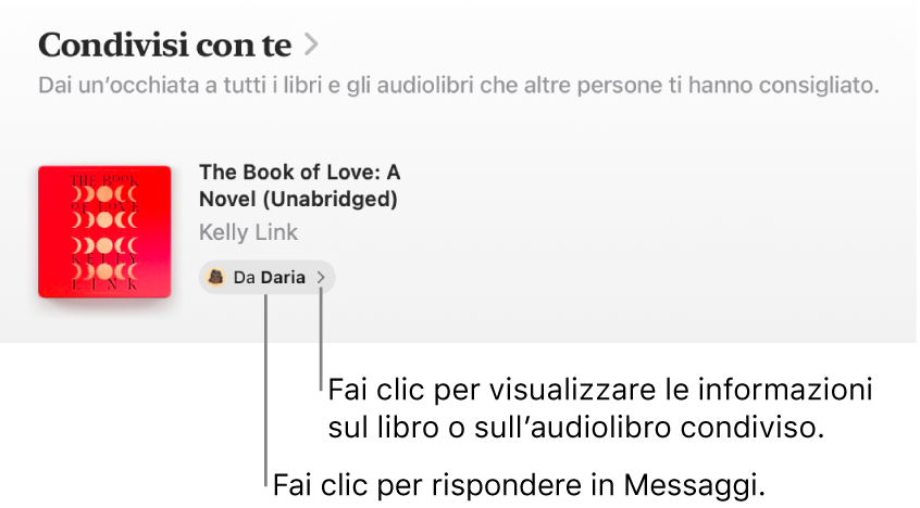 Una schermata che mostra un libro nella sezione “Condivisi con te”.