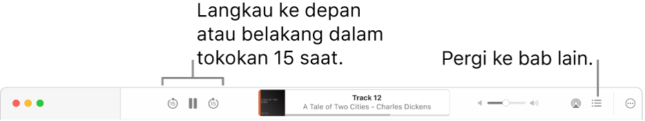 Pemain buku audio dalam Apple Books menunjukkan, dari kiri ke kanan, butang Kelajuan Main Balik, butang Langkau ke Depan, Jeda dan Langkau ke Belakang, tajuk dan pengarang buku audio yang sedang dimainkan, gelangsar Kelantangan, butang AirPlay, butang Senarai Kandungan dan butang Lagi.