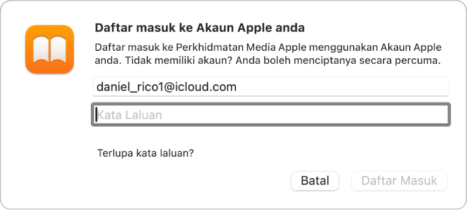 Dialog "Daftar masuk ke Akaun Apple anda” dalam Buku.