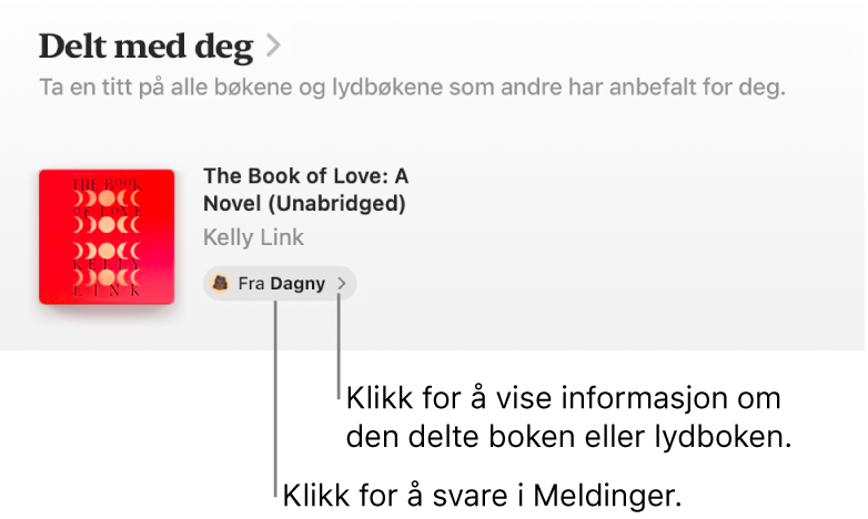 En skjerm som viser en bok i Delt med deg-delen.